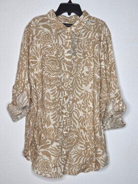 Lauren Ralph Lauren Relaxed Fit Floral 100% Linen Shirt Cream/Tan : 2X